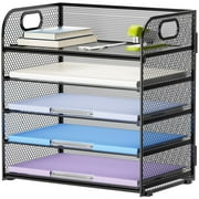 Marbrasse 5-Tier Paper Letter Tray Organizer with Handles, Mesh desktop file storage rack,Metal Desktop Document Shelf Tray Office Classroom Organization